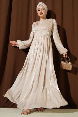 İnci Detaylı Drapeli Abiye Elbise Bej - BERAT TEKSTİL