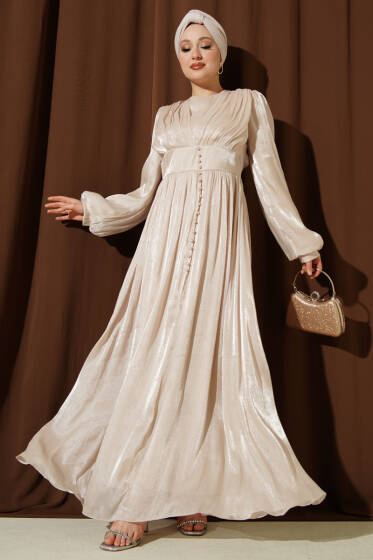 İnci Detaylı Drapeli Abiye Elbise Bej - Elbise