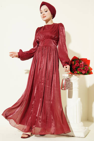 İnci Detaylı Drapeli Abiye Elbise Bordo - Elbise