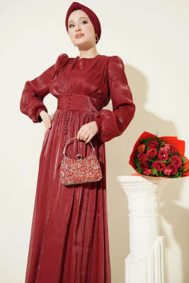 İnci Detaylı Drapeli Abiye Elbise Bordo - Elbise
