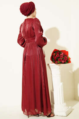 İnci Detaylı Drapeli Abiye Elbise Bordo - Elbise