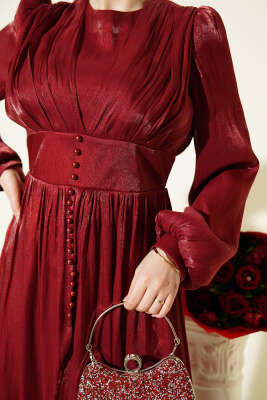 İnci Detaylı Drapeli Abiye Elbise Bordo - Elbise