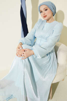 İnci Detaylı Drapeli Abiye Elbise Buz Mavisi - BERAT TEKSTİL