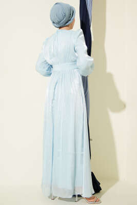 İnci Detaylı Drapeli Abiye Elbise Buz Mavisi - Elbise