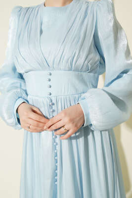 İnci Detaylı Drapeli Abiye Elbise Buz Mavisi - Elbise