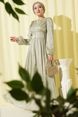 İnci Detaylı Drapeli Abiye Elbise Çağla Yeşili - BERAT TEKSTİL