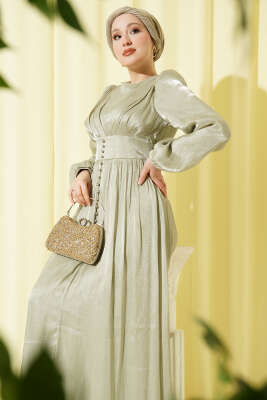 İnci Detaylı Drapeli Abiye Elbise Çağla Yeşili - Elbise