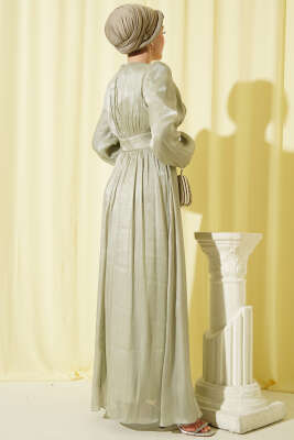 İnci Detaylı Drapeli Abiye Elbise Çağla Yeşili - Elbise