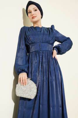 İnci Detaylı Drapeli Abiye Elbise Lacivert - Elbise
