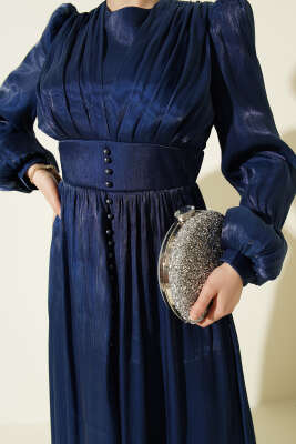 İnci Detaylı Drapeli Abiye Elbise Lacivert - Elbise