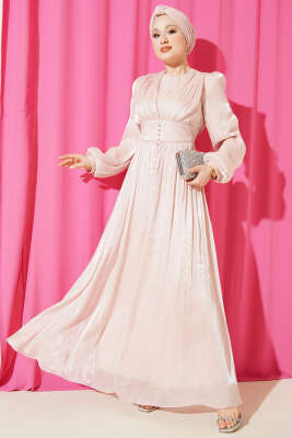 İnci Detaylı Drapeli Abiye Elbise Pudra - BERAT TEKSTİL