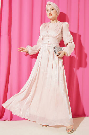 İnci Detaylı Drapeli Abiye Elbise Pudra - Elbise