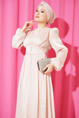 İnci Detaylı Drapeli Abiye Elbise Pudra - Elbise