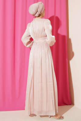 İnci Detaylı Drapeli Abiye Elbise Pudra - Elbise