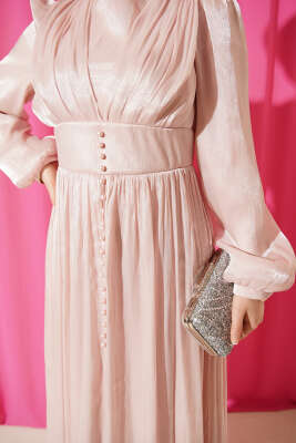 İnci Detaylı Drapeli Abiye Elbise Pudra - Elbise