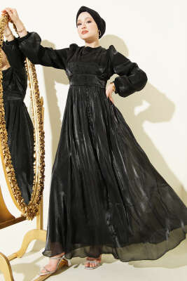 İnci Detaylı Drapeli Abiye Elbise Siyah - BERAT TEKSTİL