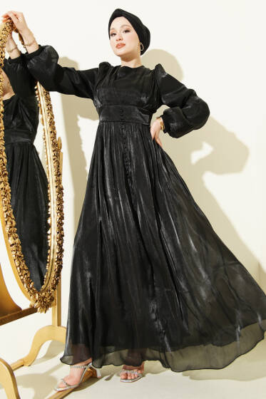 İnci Detaylı Drapeli Abiye Elbise Siyah - Elbise