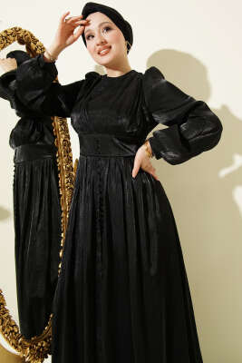 İnci Detaylı Drapeli Abiye Elbise Siyah - Elbise