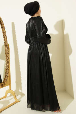 İnci Detaylı Drapeli Abiye Elbise Siyah - Elbise