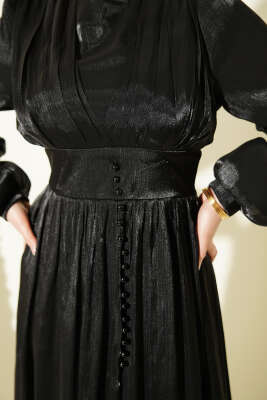 İnci Detaylı Drapeli Abiye Elbise Siyah - Elbise