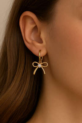 İnci Detaylı Fiyonk Küpe Gold - KONYALI BİJUTERİ