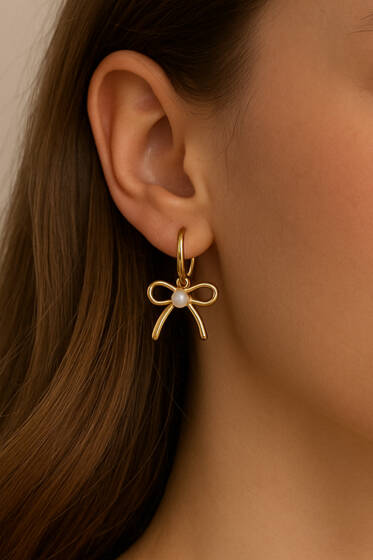 İnci Detaylı Fiyonk Küpe Gold - Küpe