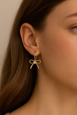 İnci Detaylı Fiyonk Küpe Gold - Küpe