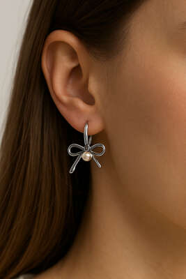 İnci Detaylı Fiyonk Küpe Gümüş - KONYALI BİJUTERİ