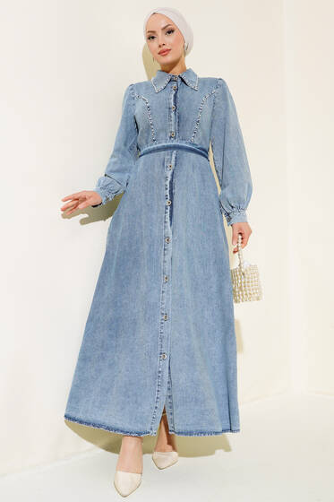 İnci Detaylı Kot Elbise Kot Mavisi - Elbise
