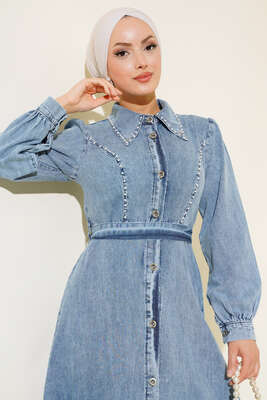 İnci Detaylı Kot Elbise Kot Mavisi - Tesettür Elbise