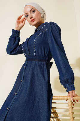 İnci Detaylı Kot Elbise Kot - Tesettür Elbise