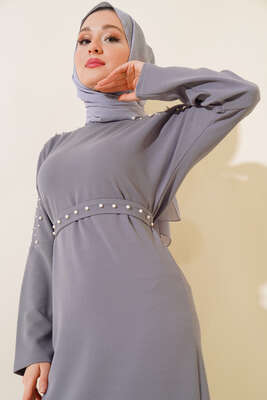 İnci Detaylı Kuşaklı Elbise Gri - Thumbnail