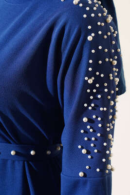 İnci Detaylı Kuşaklı Elbise İndigo - Thumbnail