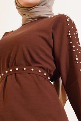 İnci Detaylı Kuşaklı Elbise Kahve - Thumbnail