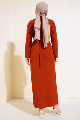 İnci Detaylı Kuşaklı Elbise Kiremit - Thumbnail