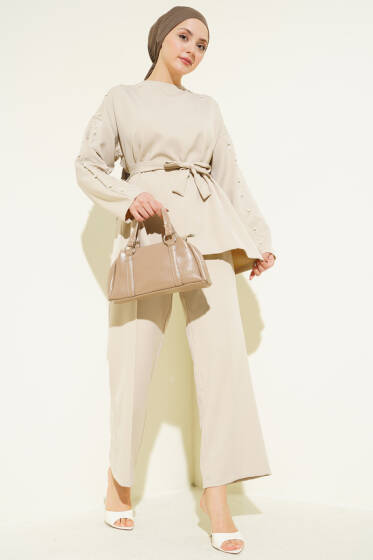 İnci Detaylı Kuşaklı İkili Takım Bej - İkili Takım