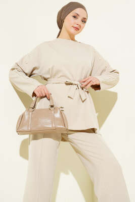 İnci Detaylı Kuşaklı İkili Takım Bej - İkili Takım