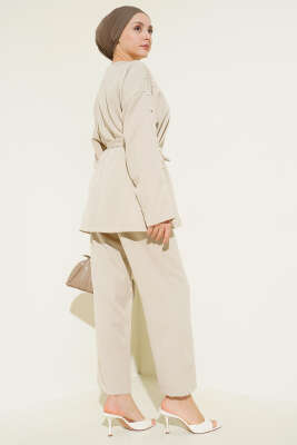 İnci Detaylı Kuşaklı İkili Takım Bej - İkili Takım