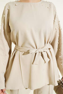 İnci Detaylı Kuşaklı İkili Takım Bej - İkili Takım