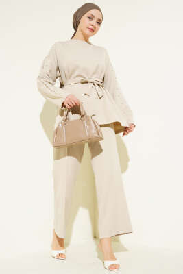 İnci Detaylı Kuşaklı İkili Takım Bej - TABLO FASHİON