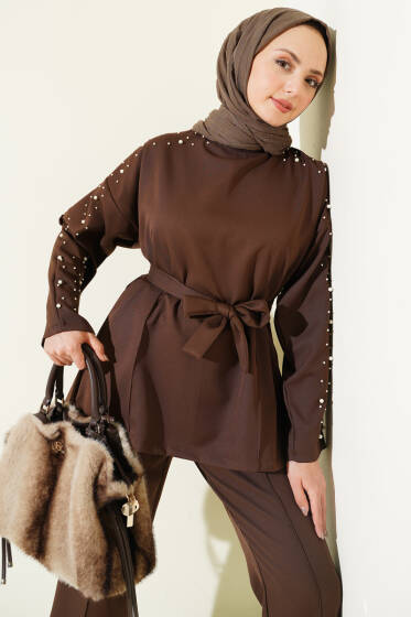 İnci Detaylı Kuşaklı İkili Takım Kahve - İkili Takım