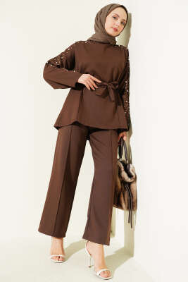 İnci Detaylı Kuşaklı İkili Takım Kahve - İkili Takım