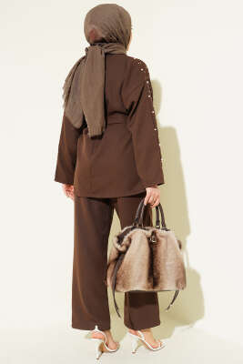 İnci Detaylı Kuşaklı İkili Takım Kahve - İkili Takım