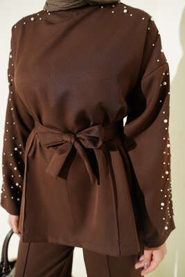 İnci Detaylı Kuşaklı İkili Takım Kahve - İkili Takım