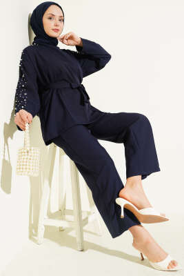 İnci Detaylı Kuşaklı İkili Takım Lacivert - TABLO FASHİON