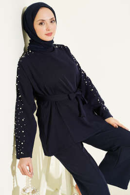 İnci Detaylı Kuşaklı İkili Takım Lacivert - İkili Takım