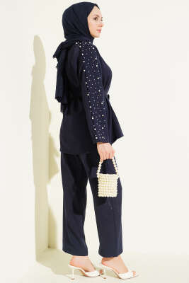 İnci Detaylı Kuşaklı İkili Takım Lacivert - İkili Takım