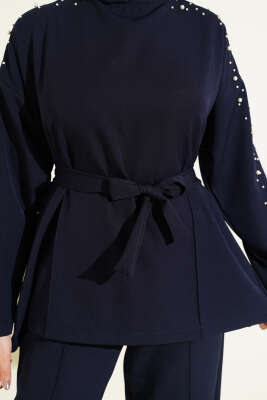 İnci Detaylı Kuşaklı İkili Takım Lacivert - İkili Takım