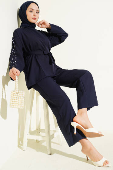 İnci Detaylı Kuşaklı İkili Takım Lacivert - Yılın Fırsatı