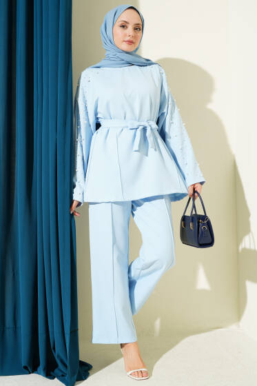 İnci Detaylı Kuşaklı İkili Takım Mavi - İkili Takım